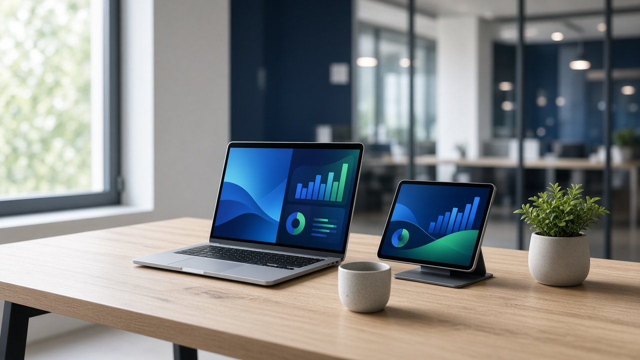 Laptop and tablet on a wooden desk, showing blue and green dashboards in a bright office