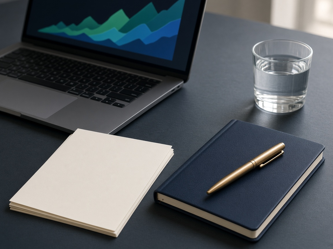 A closed navy notebook, brass pen, and a laptop with an abstract finance chart