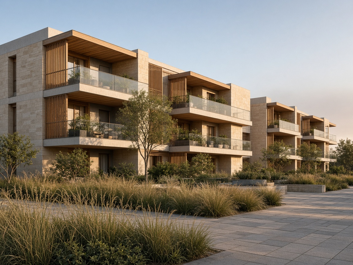 A modern stone apartment building with timber balconies and a planted courtyard