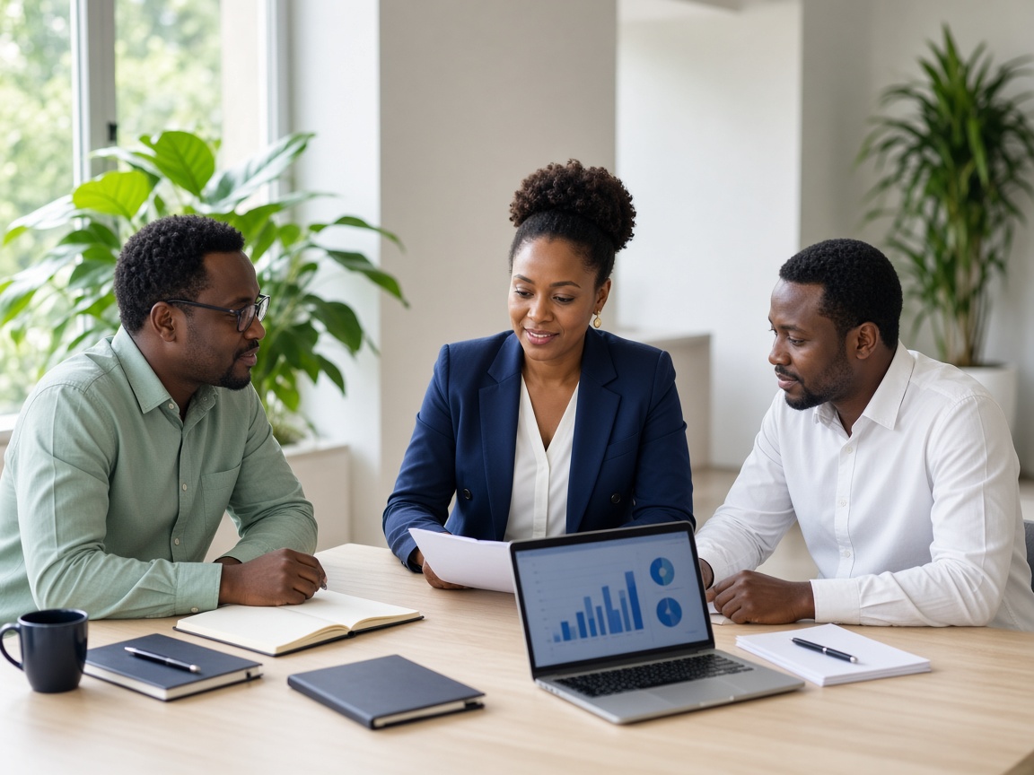 Three colleagues reviewing savings figures around a meeting table