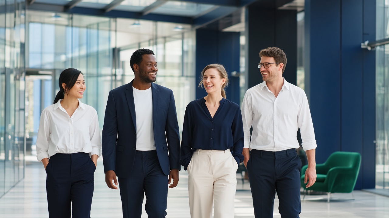 Four colleagues walking through a bright glass office lobby